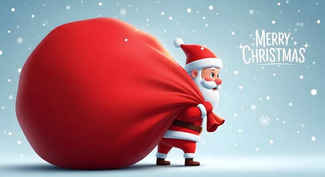 Cheerful santa claus carrying a large red sack of gifts on a snowy christmas eve