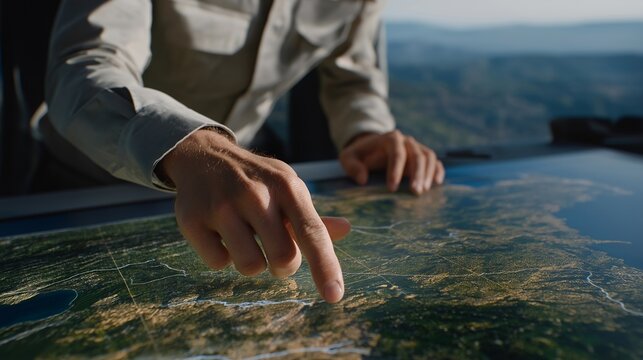 Close-up of analyst highlighting terrain features and environmental changes on digital satellite overlays, highlighting data-driven military research, AI-assisted geospatial analytics, and