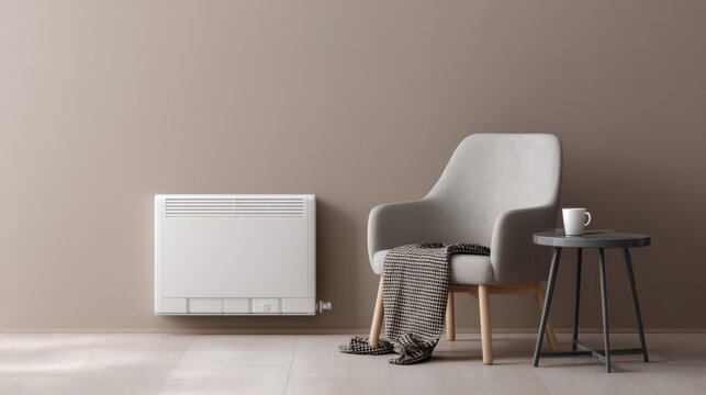ultra realistic photo of modern minimalistic room with wall mounted electric convector, chair with folded plaid nearby, mug of tea on side table
