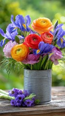 vibrant ranunculus and iris bouquet in rustic metal vase on wooden table in blooming garden, morning dew