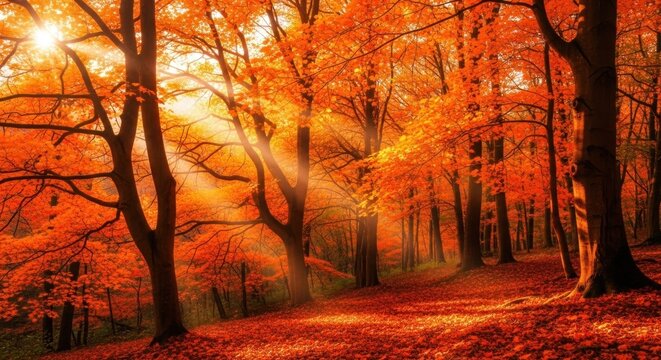 Autumn forest with orange leaves and sunbeams shining through the trees.