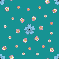 Fototapeta premium Seamless Groovy Floral Pattern with Daisies and Blue Flower on Teal Background for Retro Designs and Nostalgic Themes