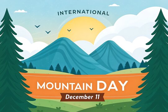 International Mountain Day Celebration With Scenic Mountains, Sunrise Sky, Trees, and Banner
- Powered by Adobe