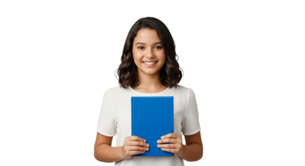 Mulher adolescente jovem estudante universidade  sorridente com livro azul fundo transparente