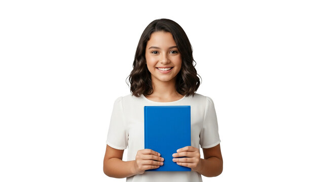 Mulher adolescente jovem estudante universidade  sorridente com livro azul fundo transparente