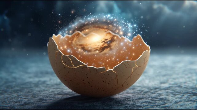 Broken egg revealing cosmic universe in artistic style with golden colors representing birth