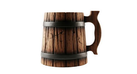 Rustic wooden beer mug with metal bands isolated on transparent background