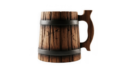 Rustic wooden beer mug with metal bands isolated on transparent background