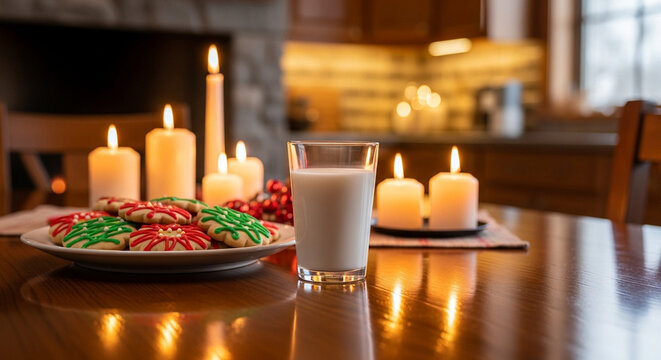 Festive cookies and milk on wooden table with candles in winter  