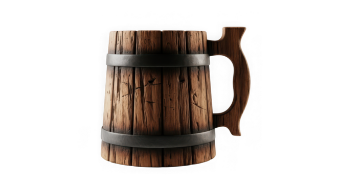 Rustic wooden beer mug with metal bands isolated on transparent background