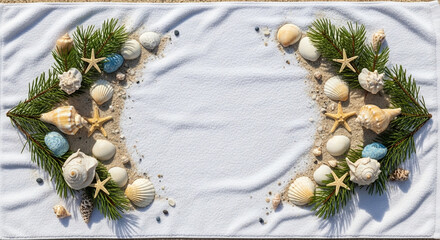 Decorative arrangement of seashells and pine branches on beach towel for Christmas on the beach