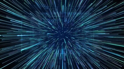 Digital lines emanating from a central point in a dark blue background, symbolizing data transfer and technology advancement, a high-speed digital journey illustration