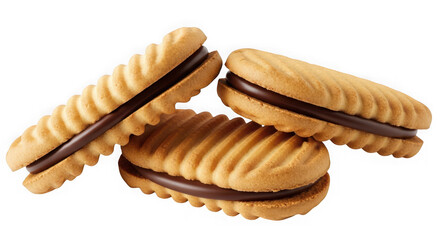 Three sandwich cookies with chocolate filling isolated on transparent background