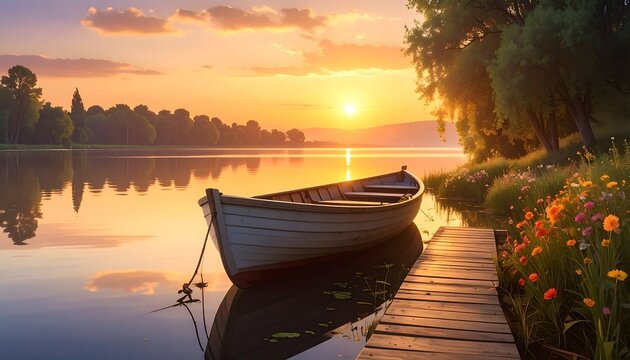 A serene sunset bathes a calm lake, a small boat docked at a wooden pier, surrounded by lush trees and colorful wildflowers