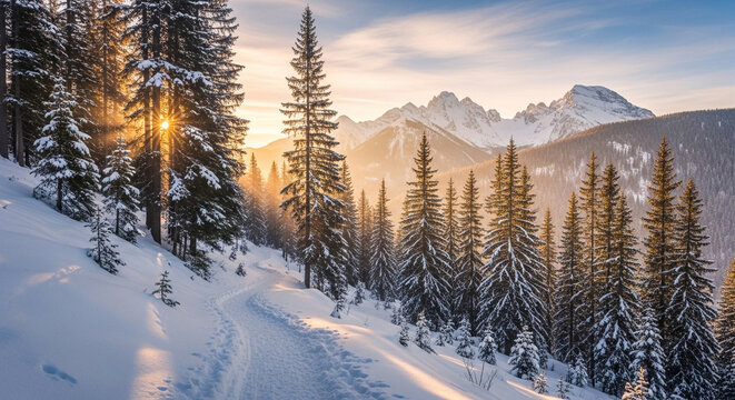 Snowy winter landscape with mountains and sunlit forest trail  
