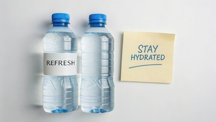 Refreshing Bottles of Water with Sticky Note Reminder for Hydration