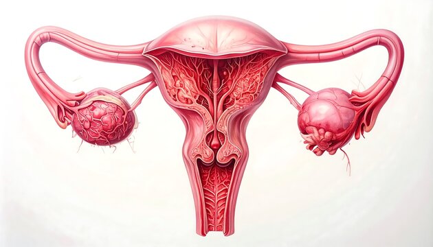 Anatomical illustration of the female reproductive system, showcasing the uterus, fallopian tubes, and ovaries. Detailed structure with color