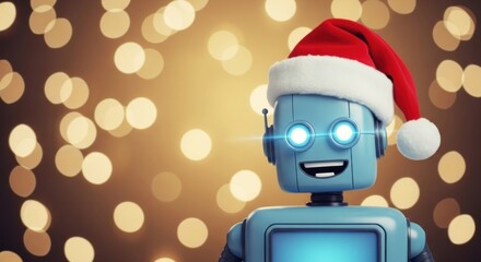 A blue robot with a Santa hat, standing against a background of golden lights.