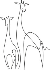 Minimalist Two Giraffes One Line Art Drawing -Continuous Line Drawing of a Giraffe Family (Mother and Child)