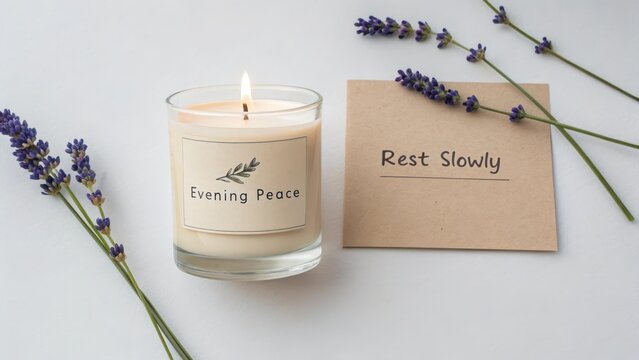 Relaxing candle with lavender and motivational quote for tranquility