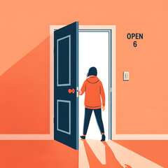 Fototapeta premium Woman opening the door to an illuminated room, light and shadows with the word OPEN 6 above