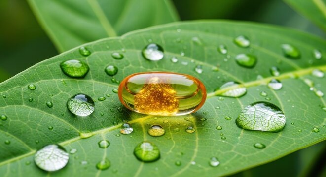A single capsule on a green leaf with water droplets.
