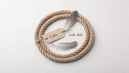 Soft Rope Circle with Feathers and Calm Message on Neutral Background