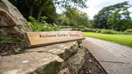 Resilience Grows Slowly Sign in Serene Garden Setting