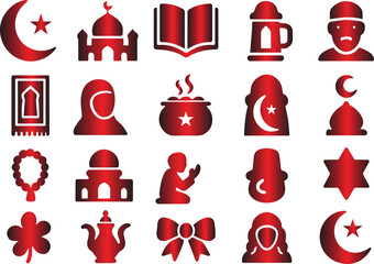 Elegant Ramadan Icons Islamic Symbols for Festive Designs - Mosque, Crescent Moon, Lanterns, and Prayer Beads in Red Gradient
