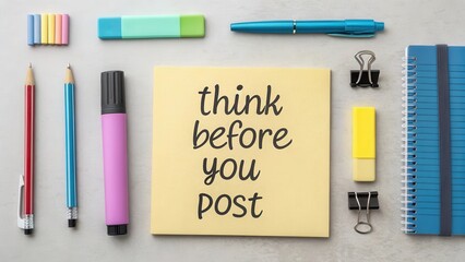 Think Before You Post – Creative Workspace with Stationery Items