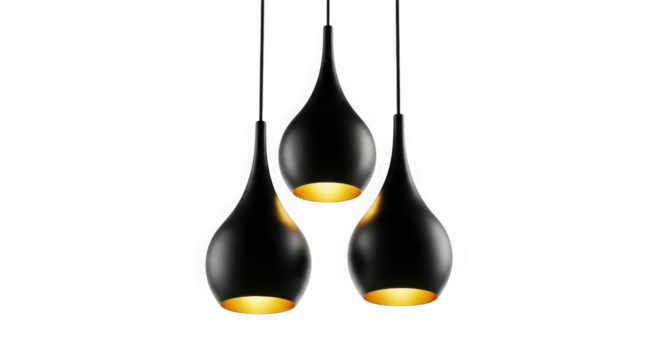 Three black pendant lamps isolated on transparent background in modern style