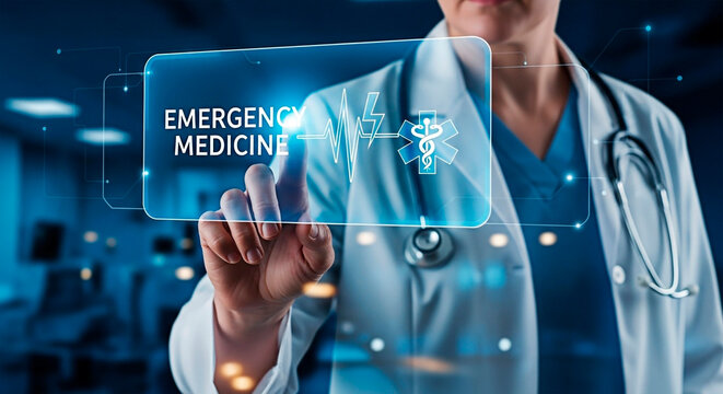 A medical professional with futuristic digital interface for the concept of Healthcare innovation.