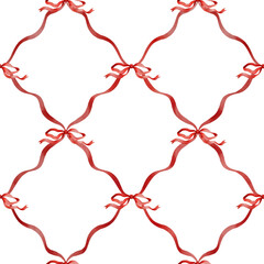 Seamless watercolor Christmas pattern on white background with red ribbon grid &mdash; festive holiday design for wrapping paper, textiles, and winter decor.