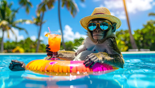 Monkey floating on a colorful inflatable ring in the pool, wearing sunglasses and holding a drink.