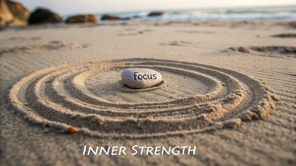 Tranquil Beach Scene with a Stone Highlighting Inner Strength Theme