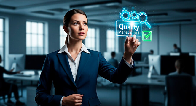 A businesswoman interacting with the quality management holographic display for the concept of technology.