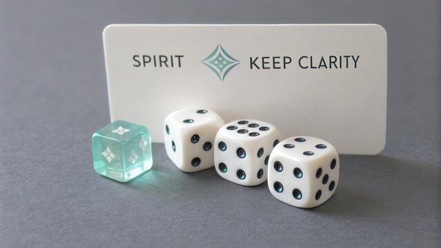 Transparent Dice with White Dice and Minimalist Card on Gray Surface