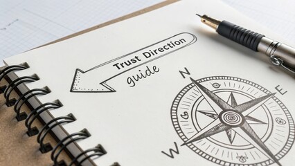 Trust Direction Guide with Compass Drawing on Notebook Background
