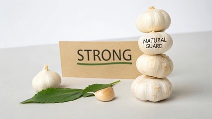 Strong Natural Guard Garlic Stack with Leaf on Neutral Background