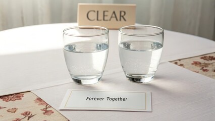 Two Glasses of Water with Clear Sign and Forever Together Card