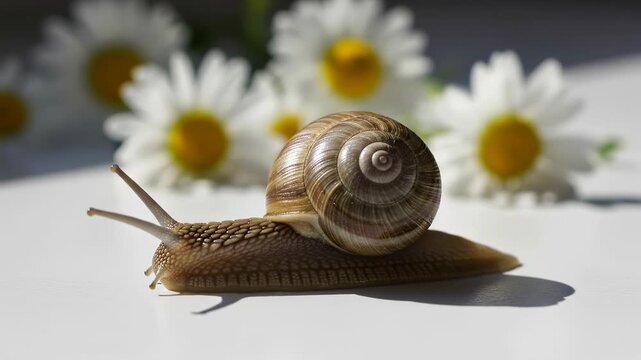Close-up of a snail with a brown shell on a white surface, with blurred white daisies in the background.