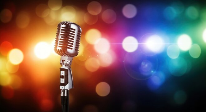 A vintage microphone against a colorful bokeh background.
