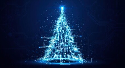 A blue, glowing, futuristic Christmas tree with a circuit board background.
