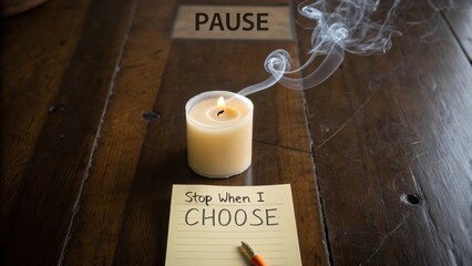 Tranquil Moment with Candle, Notepad, Smoke, and Pause Reflection