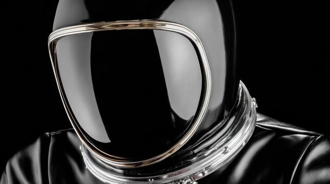 A futuristic black helmet with a mirrored visor against a dark background. High-tech design, glossy surface, and sci-fi-style costume elements. No people in the frame.