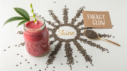 Vibrant Pink Smoothie with Chia Seeds and Inspirational Text Art