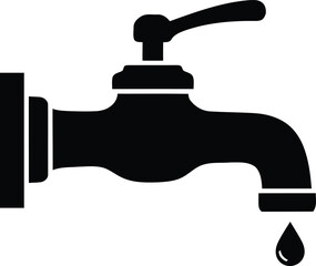 Black and White Faucet Tap Water Dripping Illustration Representing Plumbing Fixture for Hygiene with a Handle and Water Drop in a Home Bathroom or Kitchen