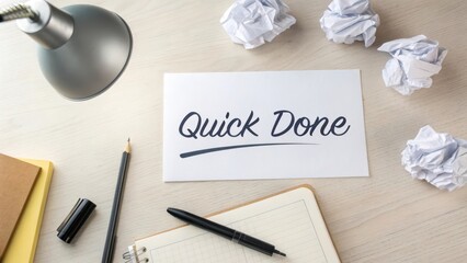 Workspace with Quick Done Note and Crumpled Papers on Table