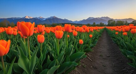 A vibrant field of orange tulips with a dirt path leading through the middle, set against a backdrop of snow-capped mountains and a clear sky.