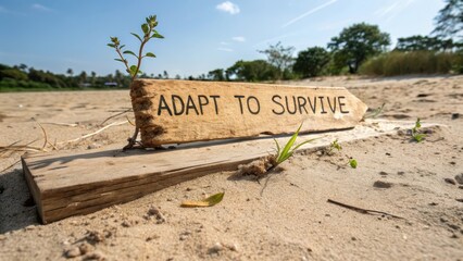 Wooden Sign on Sandy Beach Encouraging Adaptation and Survival